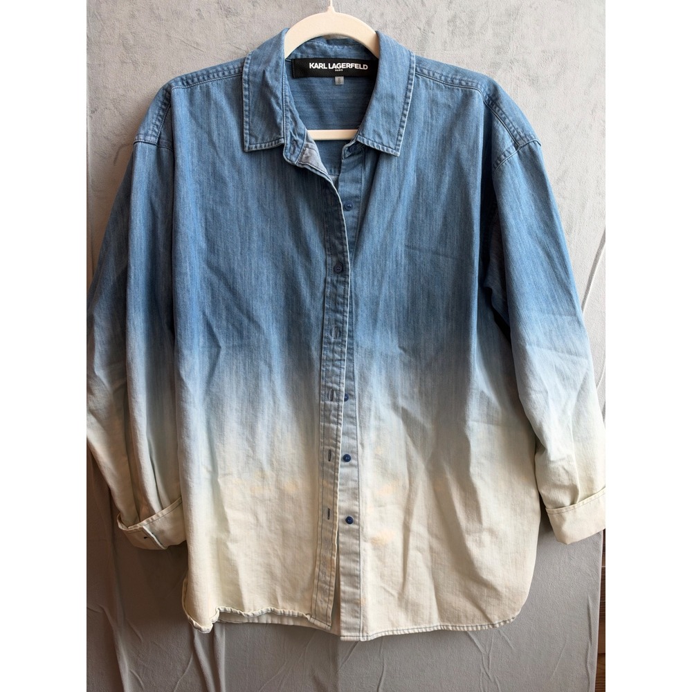 Karl Lagerfeld Paris Ombre Denim Shirt Women M Blue Oversized Western Chambray